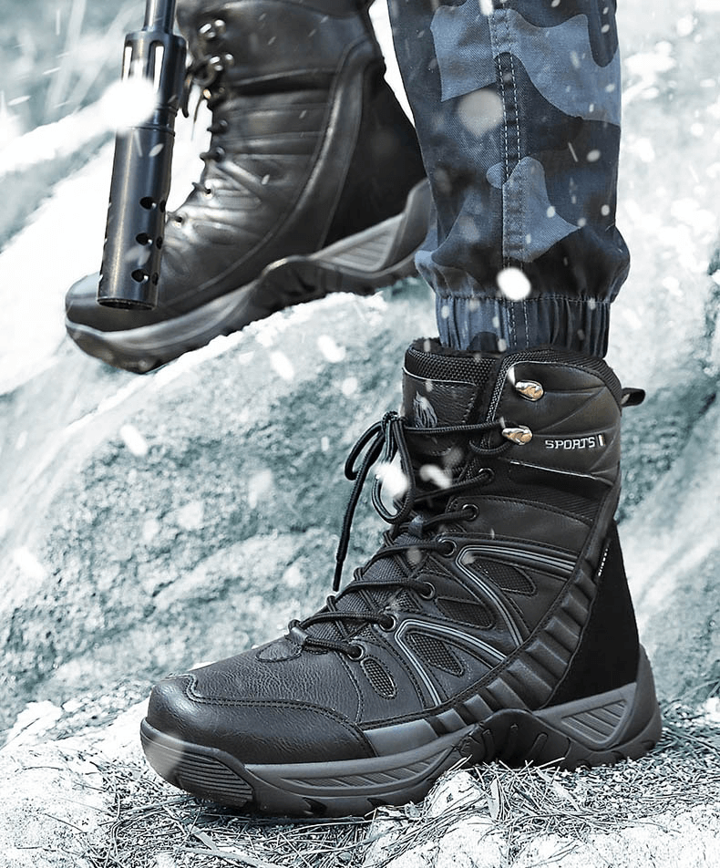 Waterproof leather military snow boots with plush inside providing anti-slip traction in snowy terrain.